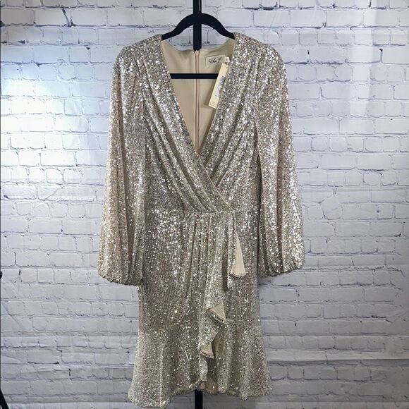 ✨ Eliza J Sequin Wrap Dress - Silver, Size 12 (NWT) - Picture 4 of 7